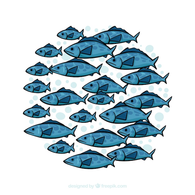 Free vector school of fishes background in hand drawn style