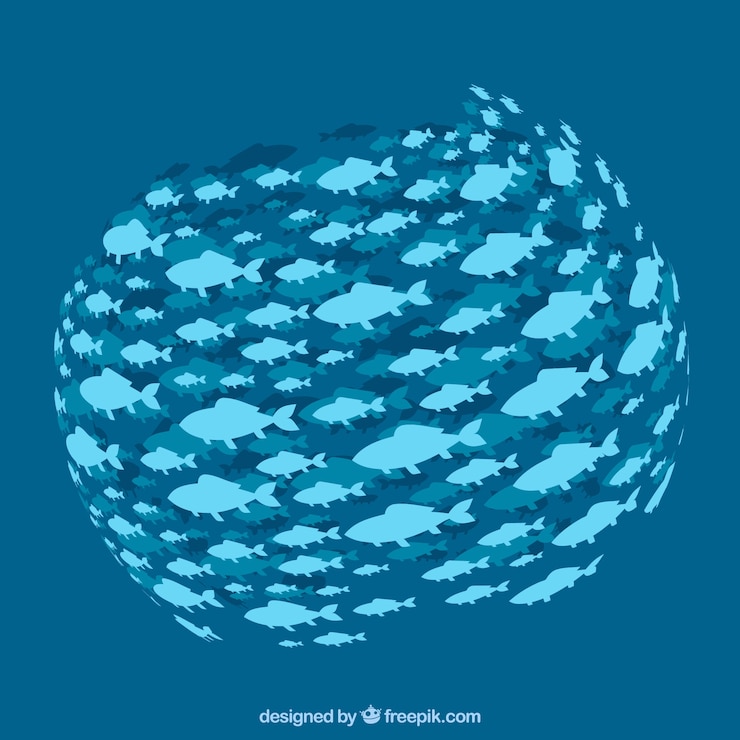 Free Vector school of fishes background with deep sea in flat style