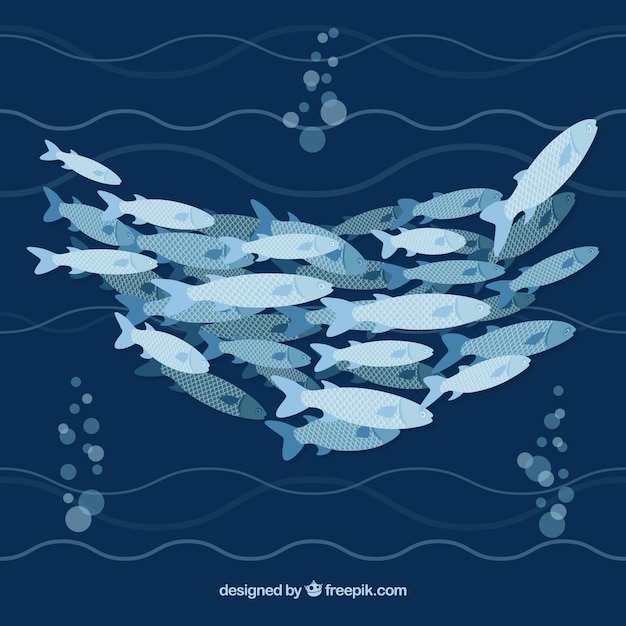 Free vector school of fishes background with deep sea in flat style