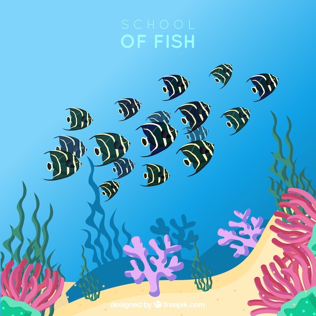 Free vector school of fishes background with deep sea in flat style