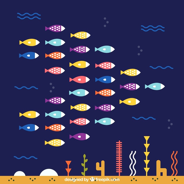 School of fishes background with deep sea in flat style