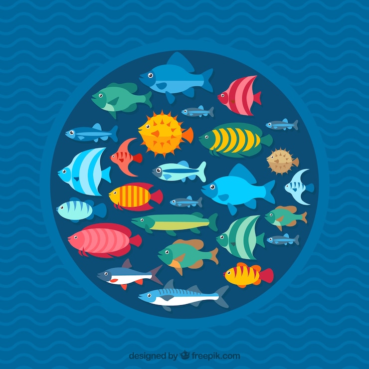 Free Vector school of fishes background with deep sea in flat style