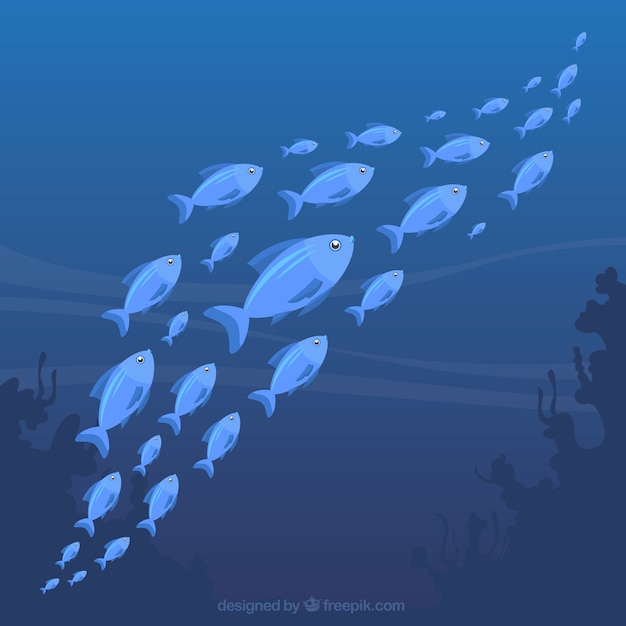 School of fishes background with deep sea in flat style