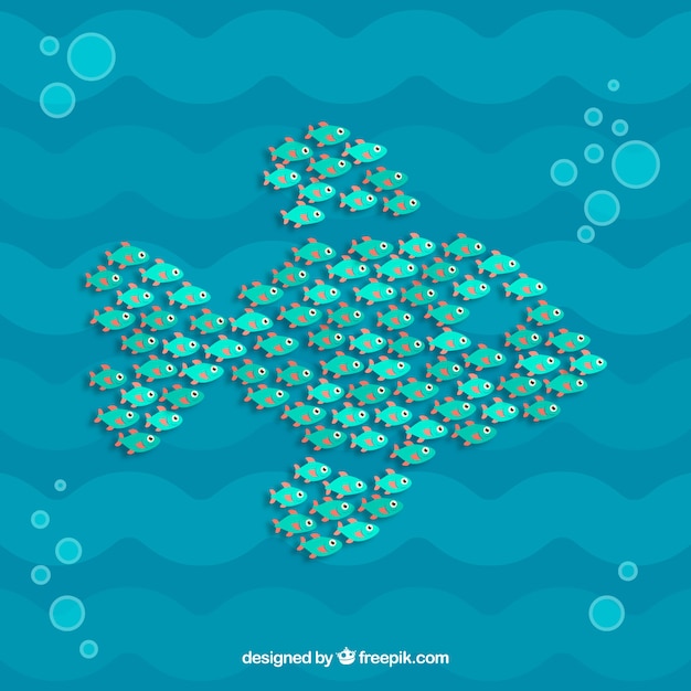 Free vector school of fishes background with deep sea in flat style