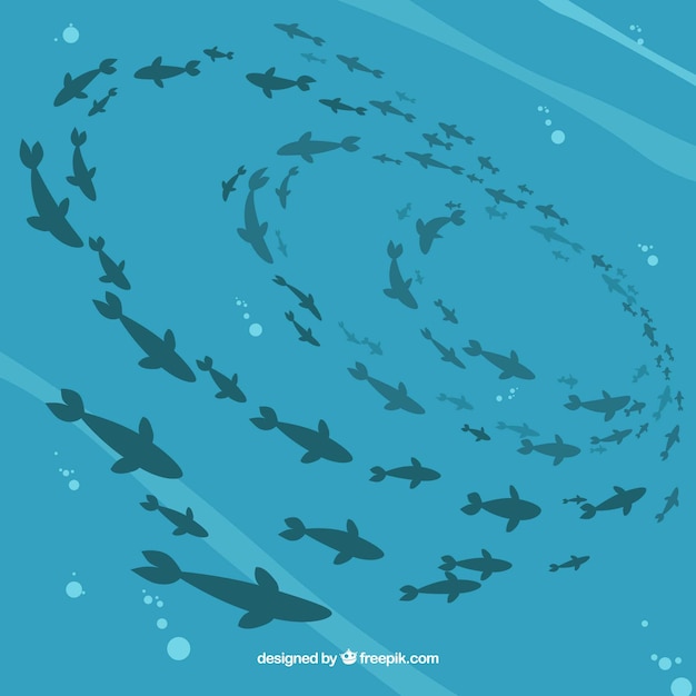 School of fishes background with deep sea in flat style