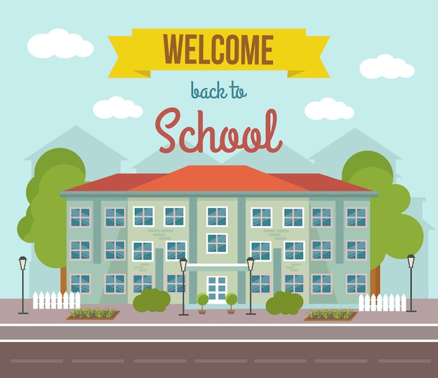 School flat colored illustration with building landscape and welcome back to school headline