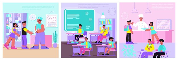 School flat compositions with doctor, teacher and cook illustration