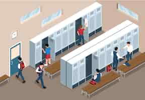 Free vector school gym dressing room interior with lockers benches and male students isometric vector illustration