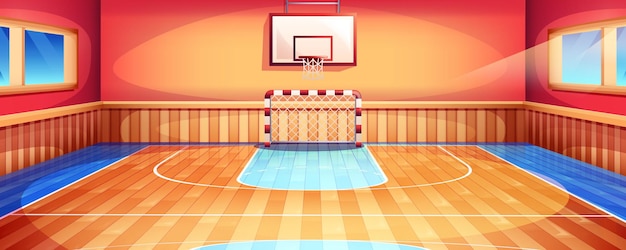 School gym interior with gymnasium basketball court and football goal