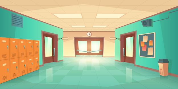 Free vector school hallway interior with doors and lockers