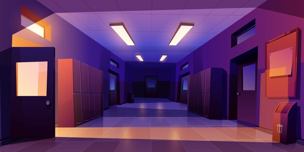 School hallway night interior with doors lockers