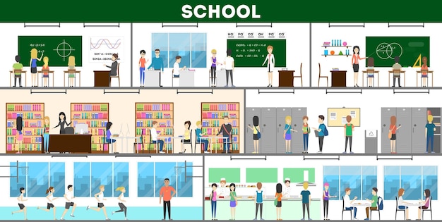 学校のインテリアセット数学と化学の図書館とキャンパス