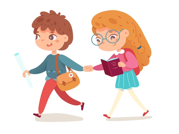 학교 아이들은 행복한 소년과 소녀 걷기를 공부할 예정이며 가방과 책을 들고 학습 및 초등 교육 학생