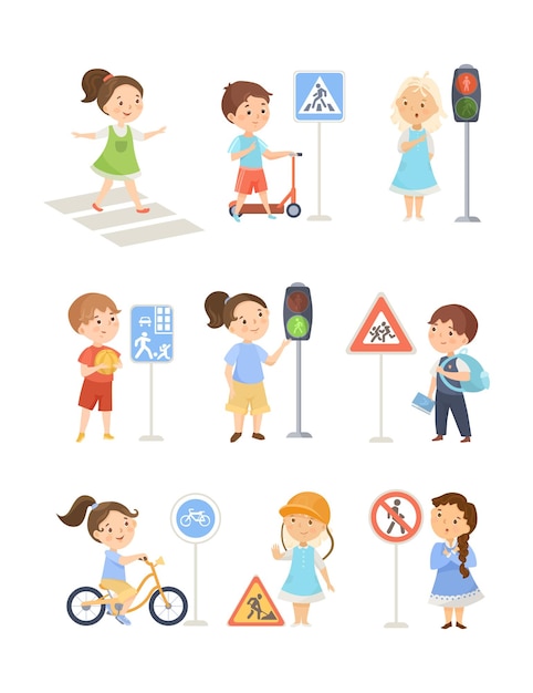 Free vector school kids learning traffic rules cartoon illustration set. cute children crossing road on green light, walking on street crosswalk, zebra with bicycle, paying attention to stop signs. safety concept