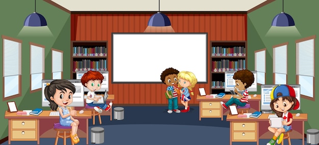 Free vector school library interior with children group