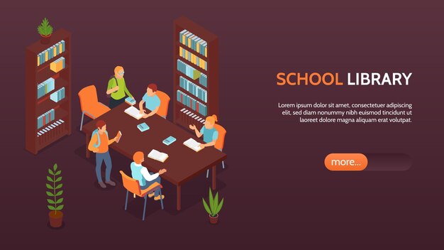 等尺性を勉強し、議論している生徒と本棚の水平バナーを備えた学校図書館