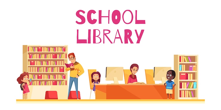 Free Vector school library with students book cases and computers on white background cartoon 