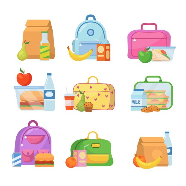 School lunch boxes for children illustrations set