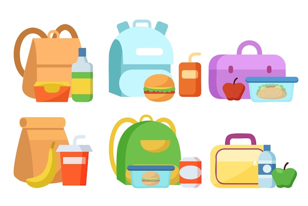Коробки для школьных обедов и детские сумки Здоровое и питательное питание для детей Завтрак в коробке для завтрака Пластиковые пакеты с фруктами и яблоками Сэндвич и закуски, упакованные в школьную векторную иллюстрацию