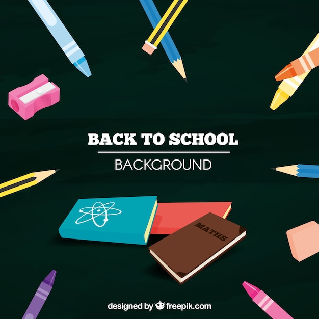 School materials and books with black background