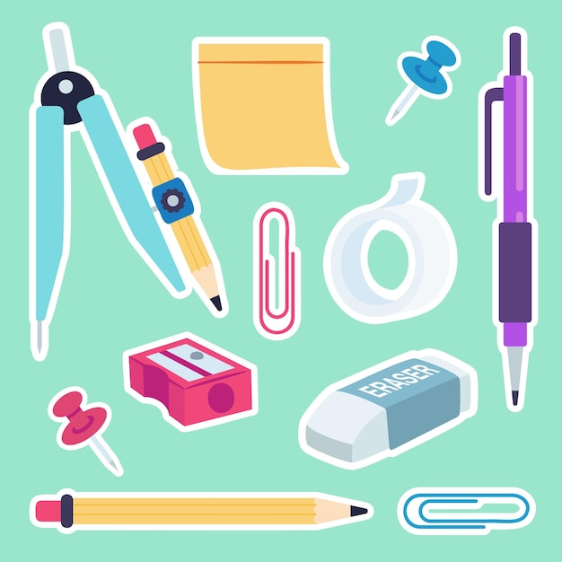 School and office supplies Vector collection stationery on green background such as compass note paper pin pen pencil masking tape clip sharpener eraser