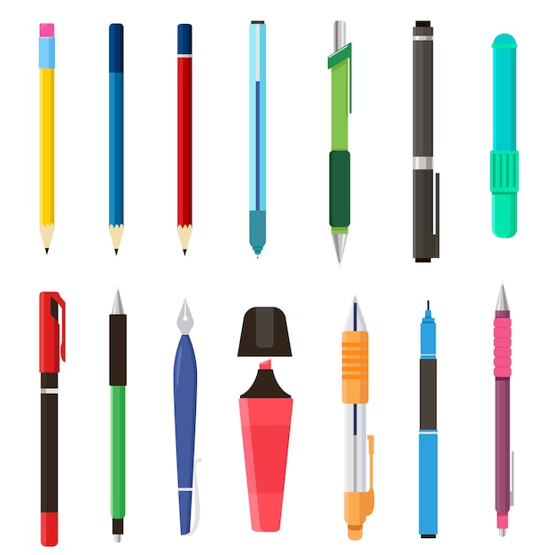 Set di penne e matite per la scuola. illustrazioni di cancelleria