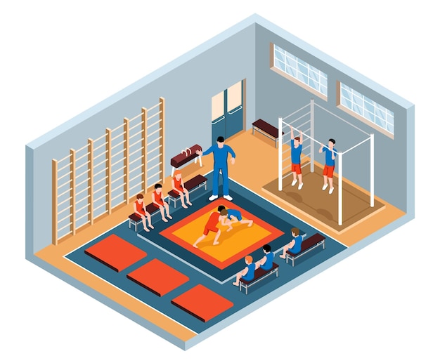 Free vector school physical education lesson in gym with male teacher and students practising martial arts and doing exercises 3d isometric vector illustration