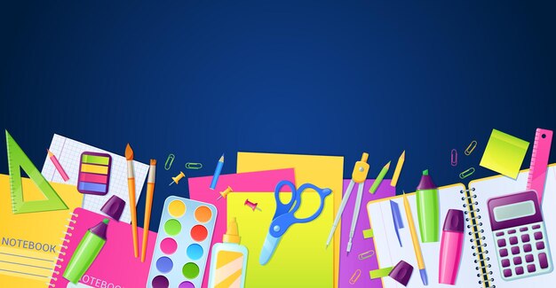 school poster with stationery and education supplies for children study on blue surface