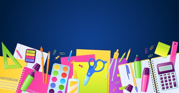 School poster with stationery and education supplies for children study on blue surface