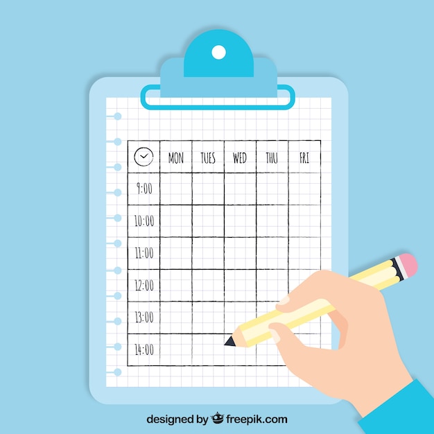 Free vector school schedule on clipboard and hand with pencil