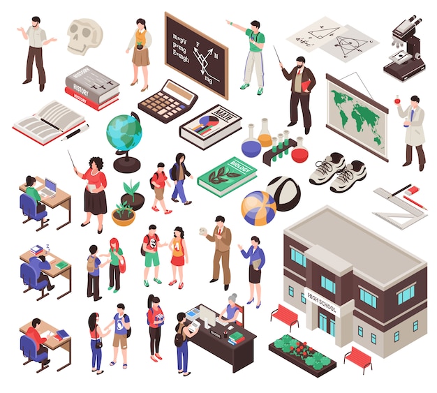 School set with teachers lesson equipment and education symbols isolated isometric