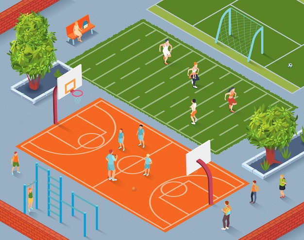バスケットボールのグラウンドのイラストでコーチトレーニングの生徒と等尺性の学校のスポーツグラウンド プレミアムベクター