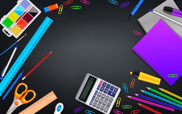 School stationery realistic background  top view  Table with copy space surrounded by office materials
