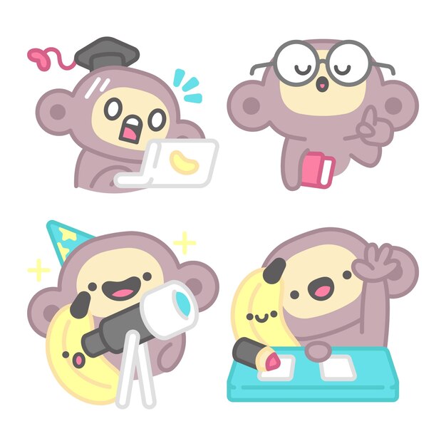 School stickers collection with monkey and banana