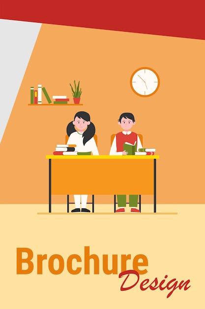 Free vector school students in classroom. teen children sitting at desk and reading books flat vector illustration. back to school, class, knowledge concept