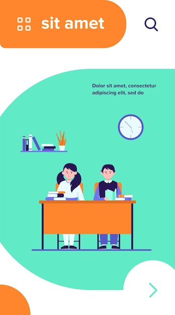 Free vector school students in classroom. teen children sitting at desk and reading books flat vector illustration