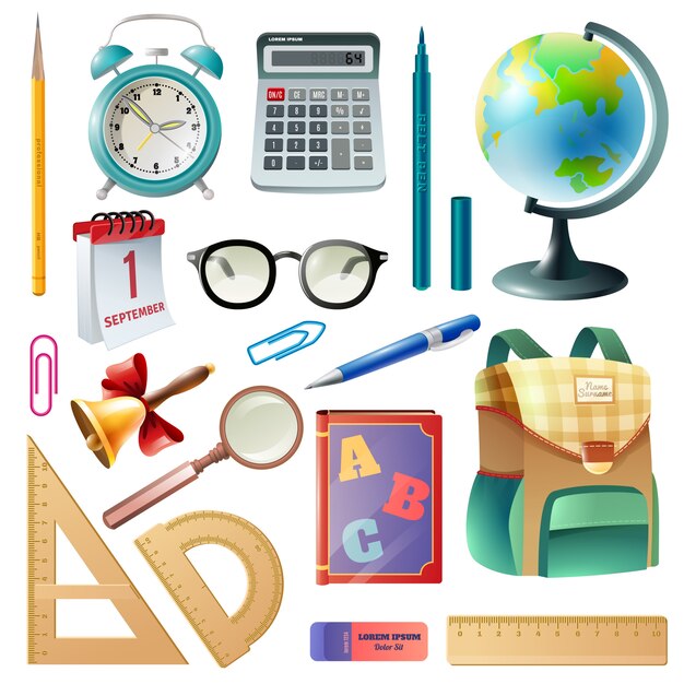 School Supplies Realistic Icons Collection 