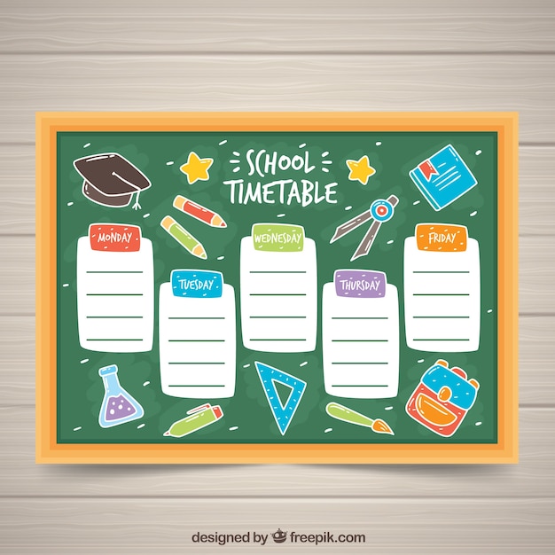 School timetable on the blackboard with drawings