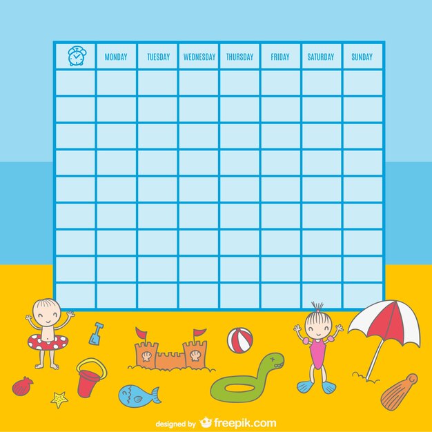 School timetable of kids playing on the beach illustration