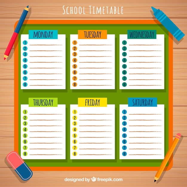 Free vector school timetable, pencils and rubber