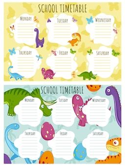 School timetable set. weekly schedule vector template for school students, decorated with funny colorful dinosaurs, insects, butterflies, dragonflies and moths.