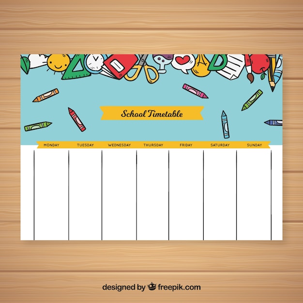 School timetable template in hand drawn style