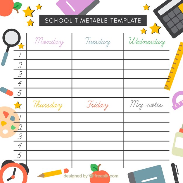 School timetable template with elements in flat design