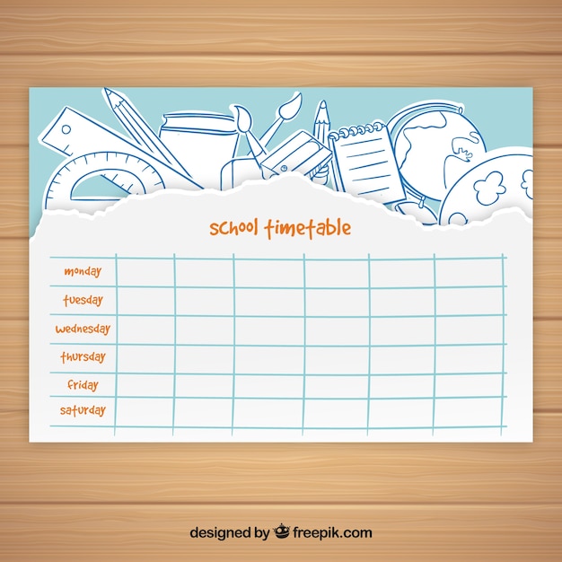 Free vector school timetable template with hand drawn elements