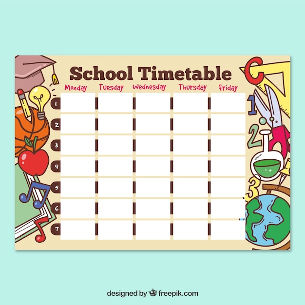 School timetable template with hand drawn style