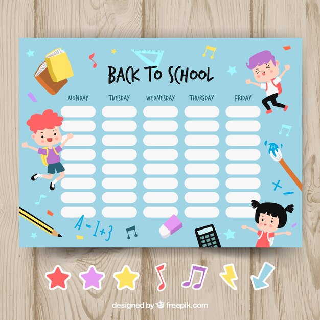 School timetable template with happy children