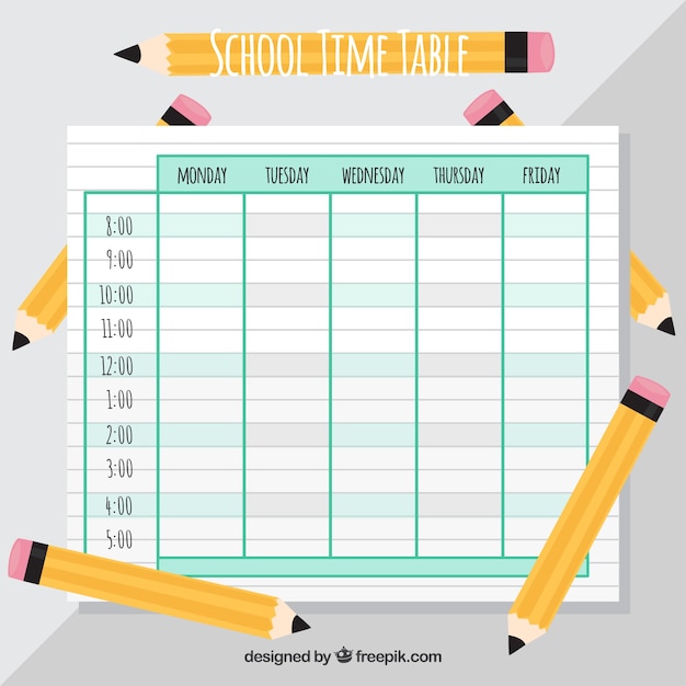 Free vector school timetable template with pencils