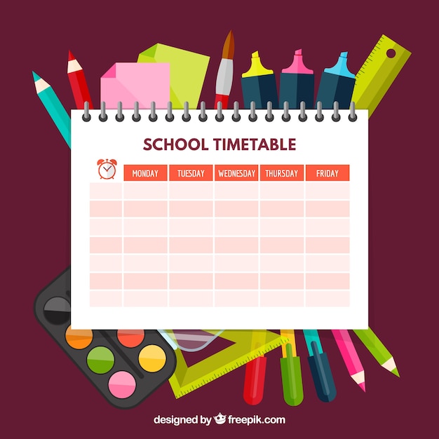 School timetable template with pens and pencils