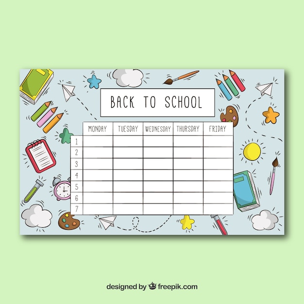School timetable template with school objects