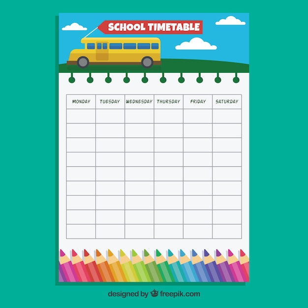 バスと色鉛筆で学校の時刻表
